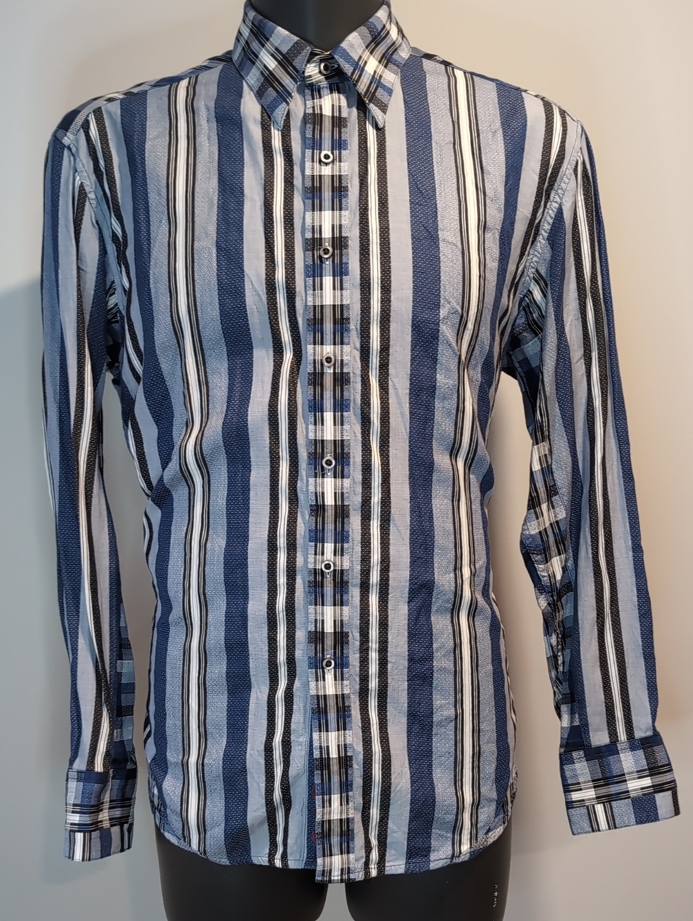 Robert Graham Blue Striped Button-Down Shirt Plaid Back Men's Large